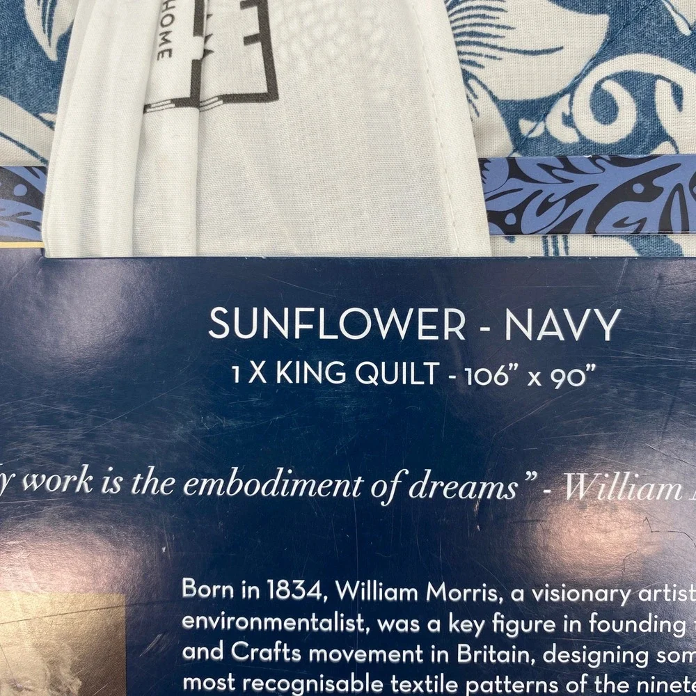 William Morris At Home Quilt King Navy Blue Sunflower Floral Cotton Bedspread
